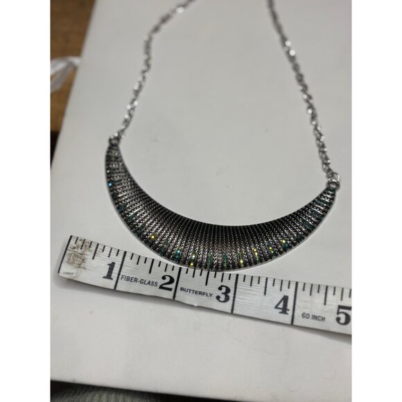Black & Silver Bib Statement Necklace With Iridescent Accents Adjustable Chain L - Picture 6 of 9